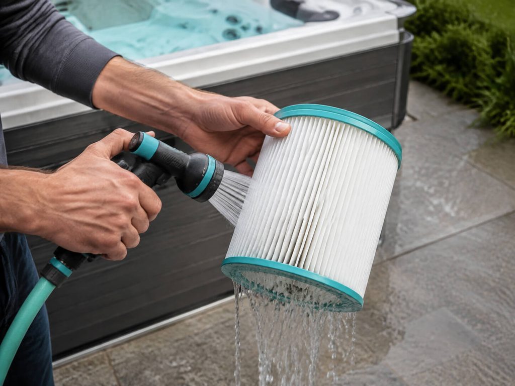 Rinsing a pleated hot tub filter cartridge with clean water
